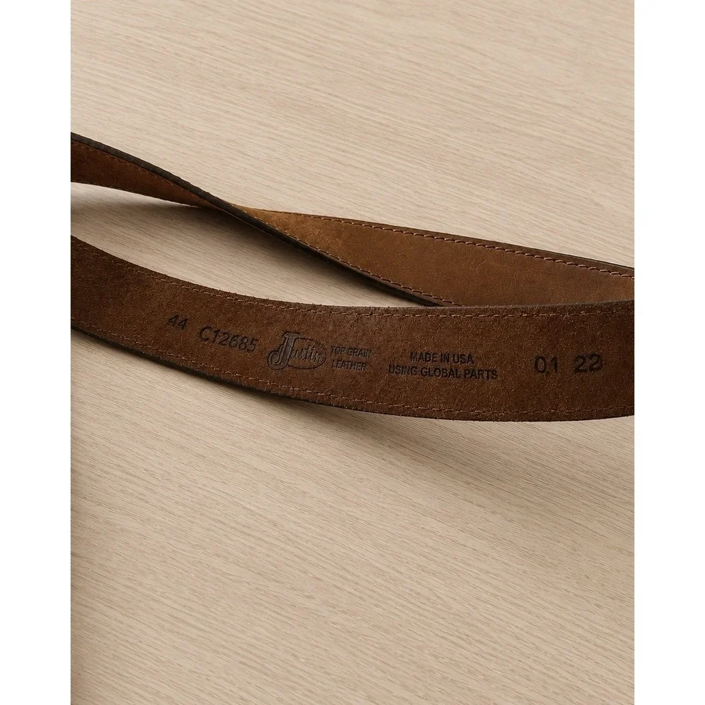 Justin Top Grain Leather Western Belt Size 44 Brown Cowboy Rodeo Buckle USA